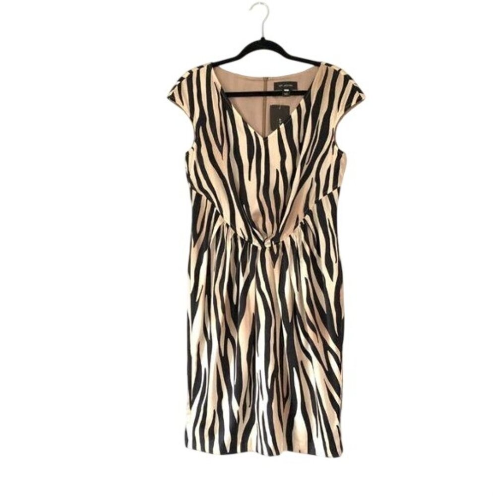 St. John Zebra Print Cap Sleeve Sheath Dress V-Neck Knot Detail Size 6